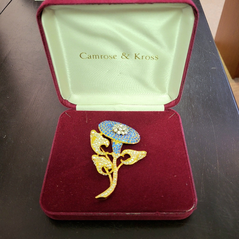 Camrose and Kross Blue and Gold colored flower brooch from JBK collection